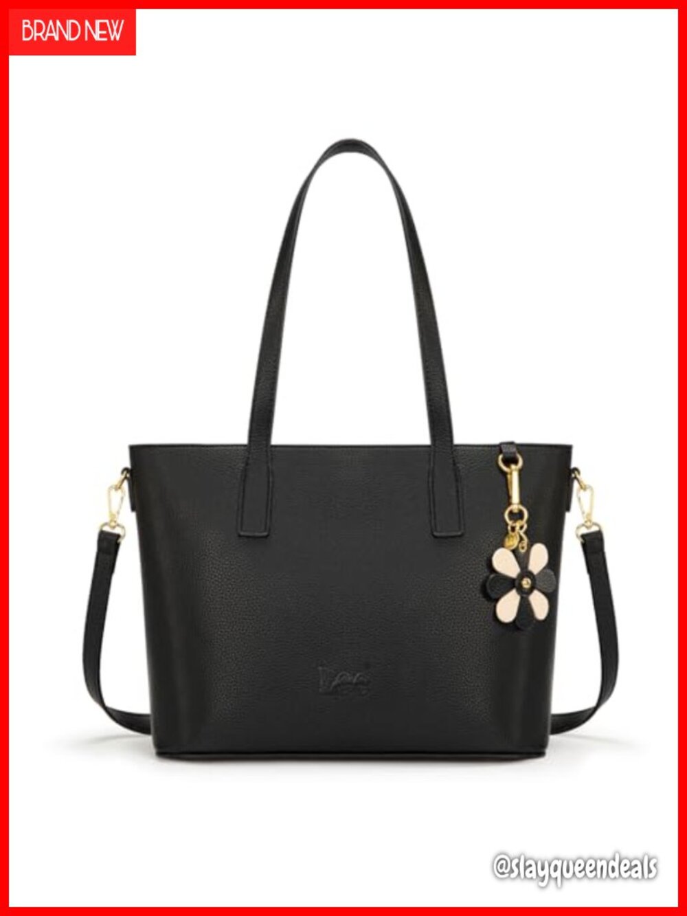 Vegan Leather Satchel Tote Bag with Crossbody Strap & Flower Charm for Work